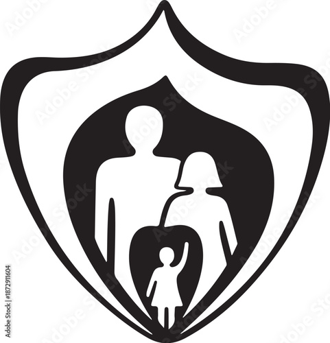 Family Protection Shield Icon with Silhouette Figures Inside Safely