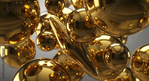 Close-up abstract 3D rendering of dynamic glossy gold spheres and metallic shapes
