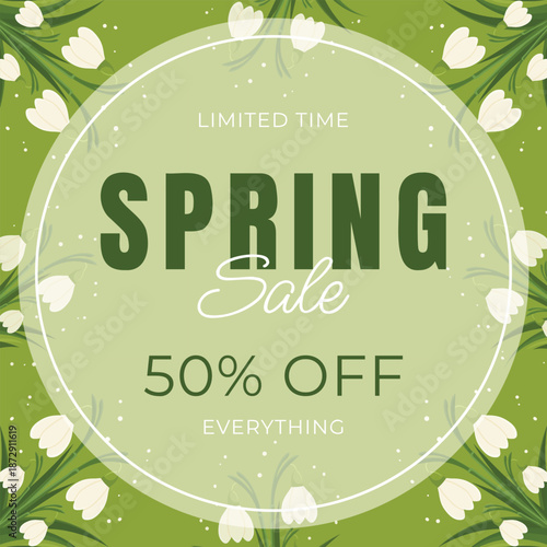 Spring sale banner with snowdrops flowers and fifty percent off discount on green background.