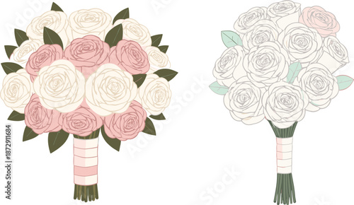  Elegant Wedding Bouquet Illustration Featuring Rose Flowers, Soft Pink and White Blooms with Green Leaves, Perfect for Weddings and Floral Decor