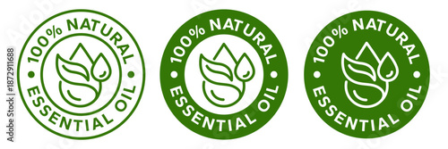 Essential oil drop icon for beauty and skincare natural product certificate label. Essential oils sticker logo for body lotion, cream and shampoo moisturizer, spa wellness fragrance. Vector.