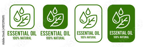 Essential oil drop icon for beauty and skincare natural product certificate label. Essential oils sticker logo for body lotion, cream and shampoo moisturizer, spa wellness fragrance. Vector.