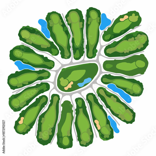 Top View Golf Course Vector Illustration with 18 Holes Bunkers and Water Areas