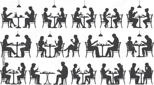 People dining silhouettes, restaurant conversation scenes, couples and friends eating, social interaction concept, cafe lifestyle illustration, minimal black vector