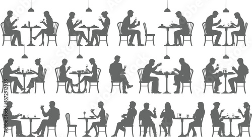People dining silhouettes, restaurant conversation scenes, couples and friends eating, social interaction concept, cafe lifestyle illustration, minimal black vector
