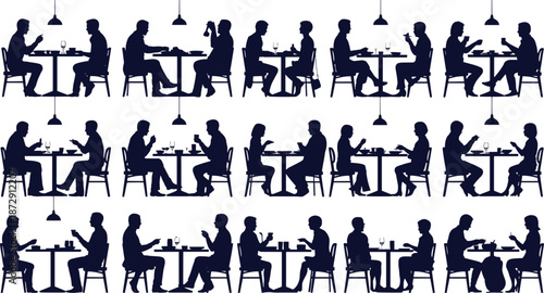 People dining silhouettes, restaurant conversation scenes, couples and friends eating, social interaction concept, cafe lifestyle illustration, minimal black vector