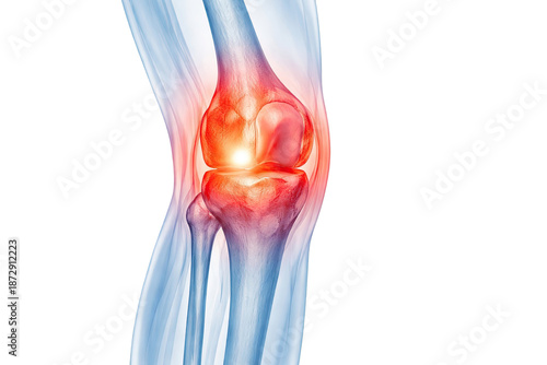 Human knee with transparent bones showing glowing joint inflammation and cartilage damage in detailed medical anatomy illustration isolated on white background