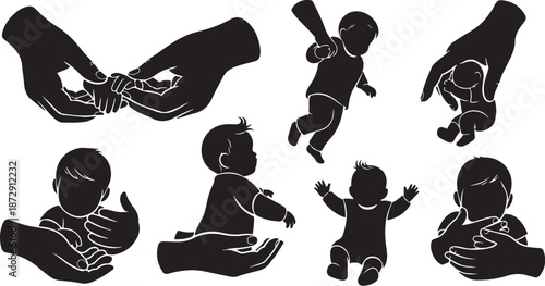 Silhouette illustrations of baby and parent interactions in black