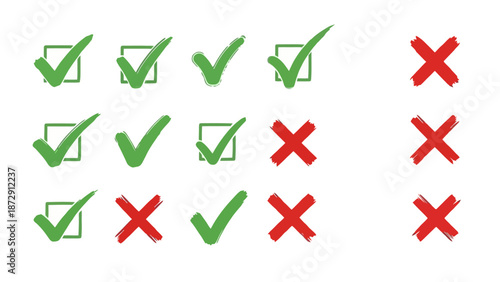 A collection of green checkmarks and red crosses arranged in rows and columns on a white background.