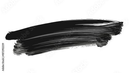 A thick, dark black brush stroke with visible texture and streaks on a white background.