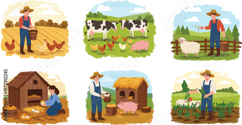 Farmer Caring for Animals and Growing Crops - Illustrations of Chicken, Cows, Pigs, Sheep, and Harvesting in the Farm