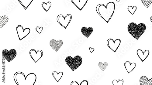 Seamless pattern of hand-drawn hearts in black and white, scattered across the background.