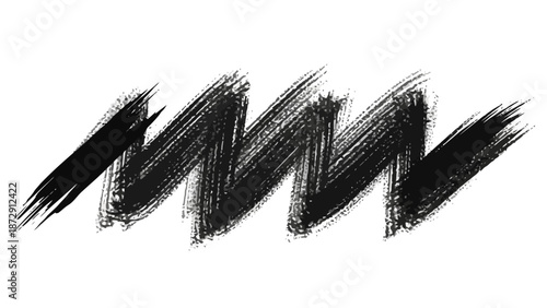 A bold, energetic black brush stroke creating a zigzag pattern on a white background.