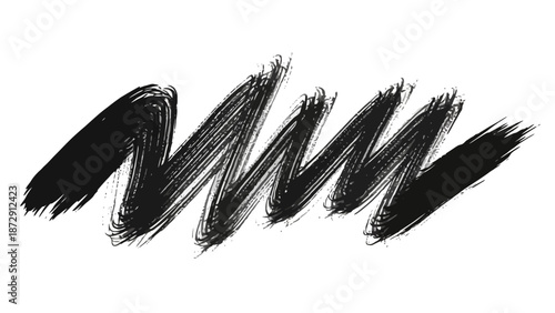 A thick, black, abstract brush stroke with a jagged, zigzag pattern on a white background.