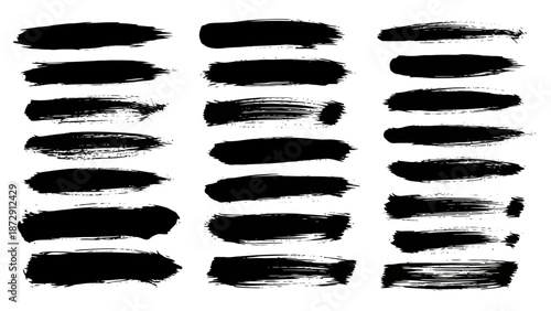 Collection of black paint brush strokes, perfect for adding texture and artistic elements to designs.