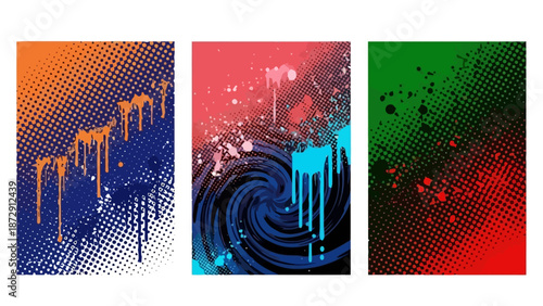 Three abstract digital art pieces featuring vibrant paint splatters and dripping effects over halftone patterns.