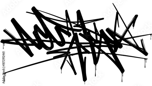 A dynamic black and white graffiti tag with dripping paint, showcasing a complex and abstract lettering style.