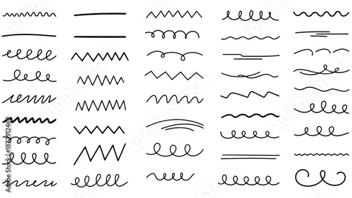 A collection of various hand-drawn wavy, zigzag, and straight line elements for design purposes.