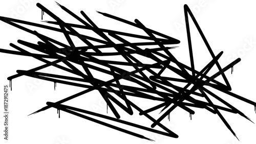 A chaotic abstract composition of black scribbled lines and sharp points on a white background.