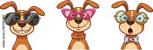 Funny cartoon dogs wearing sunglasses and glasses with bow tie, cute adorable puppy character vector illustration for children and design.