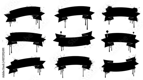 A collection of nine black ribbon banners with a dripping paint effect, presented in a 3x3 grid.