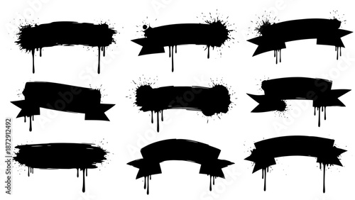 A collection of nine black graffiti-style banners with dripping paint effects, presented on a white background.