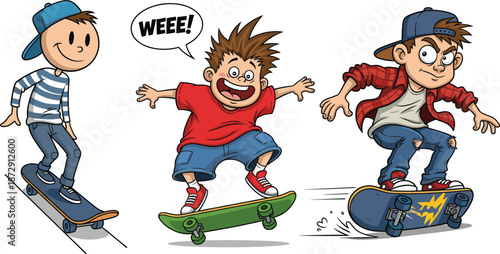 Funny cartoon skateboard boys riding and performing tricks, playful skater kids illustration with comic expressions, street culture sports vector design