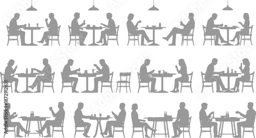 People dining silhouettes, restaurant conversation scenes, couples and friends eating, social interaction concept, cafe lifestyle illustration, minimal black vector