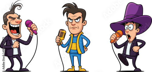 Funny cartoon singers performing with microphones, vector illustration of characters expressing emotions on stage, music entertainment, comedy performance, artistic concert design.