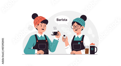 Two baristas in aprons interacting with coffee cups in a lively cafe environment from a frontal viewpoint