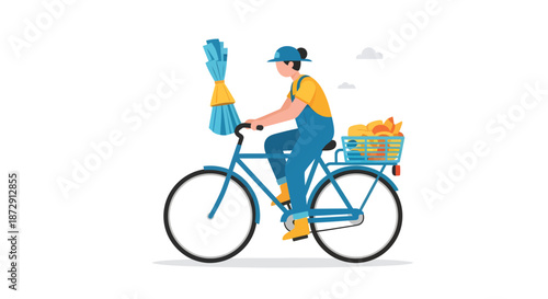 Delivery person riding bicycle with food basket and cleaning supplies in a urban setting