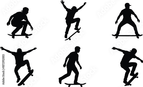 Collection of professional black skateboarder silhouettes performing tricks jumps and riding maneuvers isolated on white background for urban sports vector design