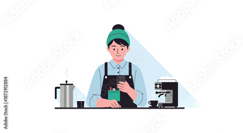 A barista in a green beanie preparing coffee in a modern coffee shop environment viewed from the front