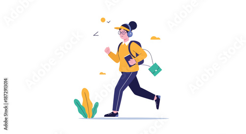 A young woman jogging with shopping bags in a vibrant urban environment, viewed from the side, conveying energy and activity.