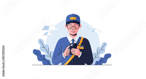 A postal worker in uniform holding a package and parcel in a flat illustration style