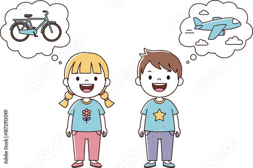 Happy Children Imagining Bicycle and Airplane, Cartoon Kids Thinking in Thought Bubbles, Vector Illustration of Childhood Dreams and Aspirations