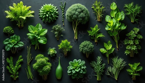 Various green plants arranged on dark background. Assortment includes leafy branches small bushes, unique shapes. Assortment makes graphic pattern. Natural design botanical element suitable for many