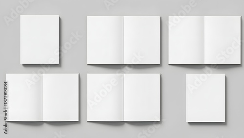 Collection of six blank white paper brochure mockups displaying various folding patterns isolated on a light background.