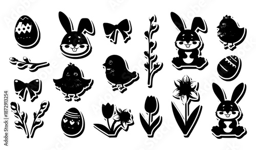 Cute Easter stickers vector set with eggs bunnies and chicks