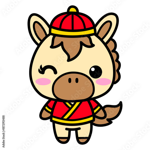 Cute cartoon horse character wearing red traditional outfit and cap, smiling and winking with rosy cheek, vector illustration of festive animal mascot