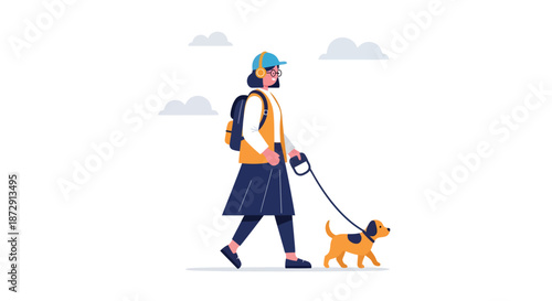 Person walking dog outdoors on a leash in a serene landscape viewed from the side