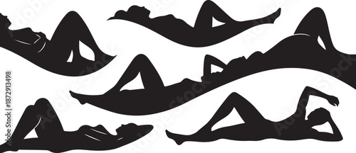 Silhouettes of women in various relaxing yoga poses illustration