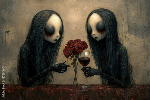 Dark Romance with Wine and Roses between  two girls with gothic aesthetics. Valentine's Day 
