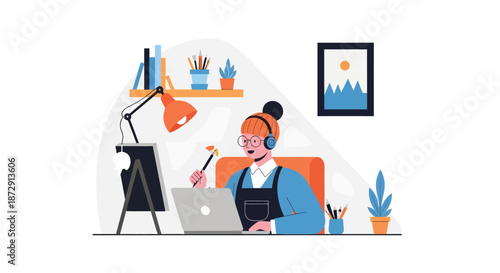 Woman creating digital art on laptop in a cozy home office with art supplies and plants around her, viewed from the side.