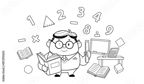 Cartoon math teacher with formulas and education tools vector set