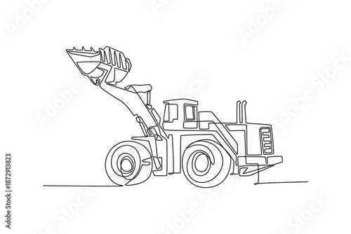 Continuous one line drawing industrial wheel loader, front bucket, large tires used for material handling, earthmoving on heavy construction sites. Single line draw design vector graphic illustration
