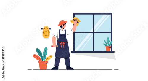 Man in apron cleaning window with cloth and spray bottle near potted plants in a room