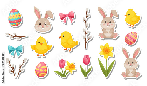 Cute Easter stickers vector set with eggs bunnies and chicks