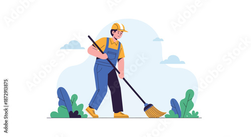Man sweeping leaves in a garden with a broom and dustpan, outdoor activity, gardening task