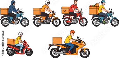 Motorcycle delivery service, food delivery, fast delivery riders, delivery man, courier, transportation, and delivery logistics illustration.